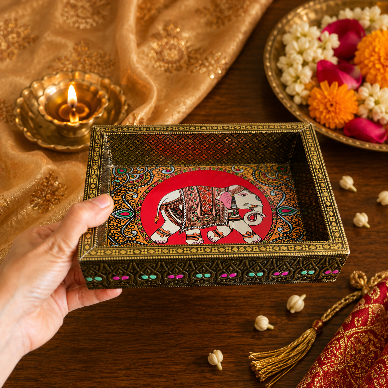 Decorative Tray & Haldi Kumkum Gift Set (Single Elephant) - Image 3