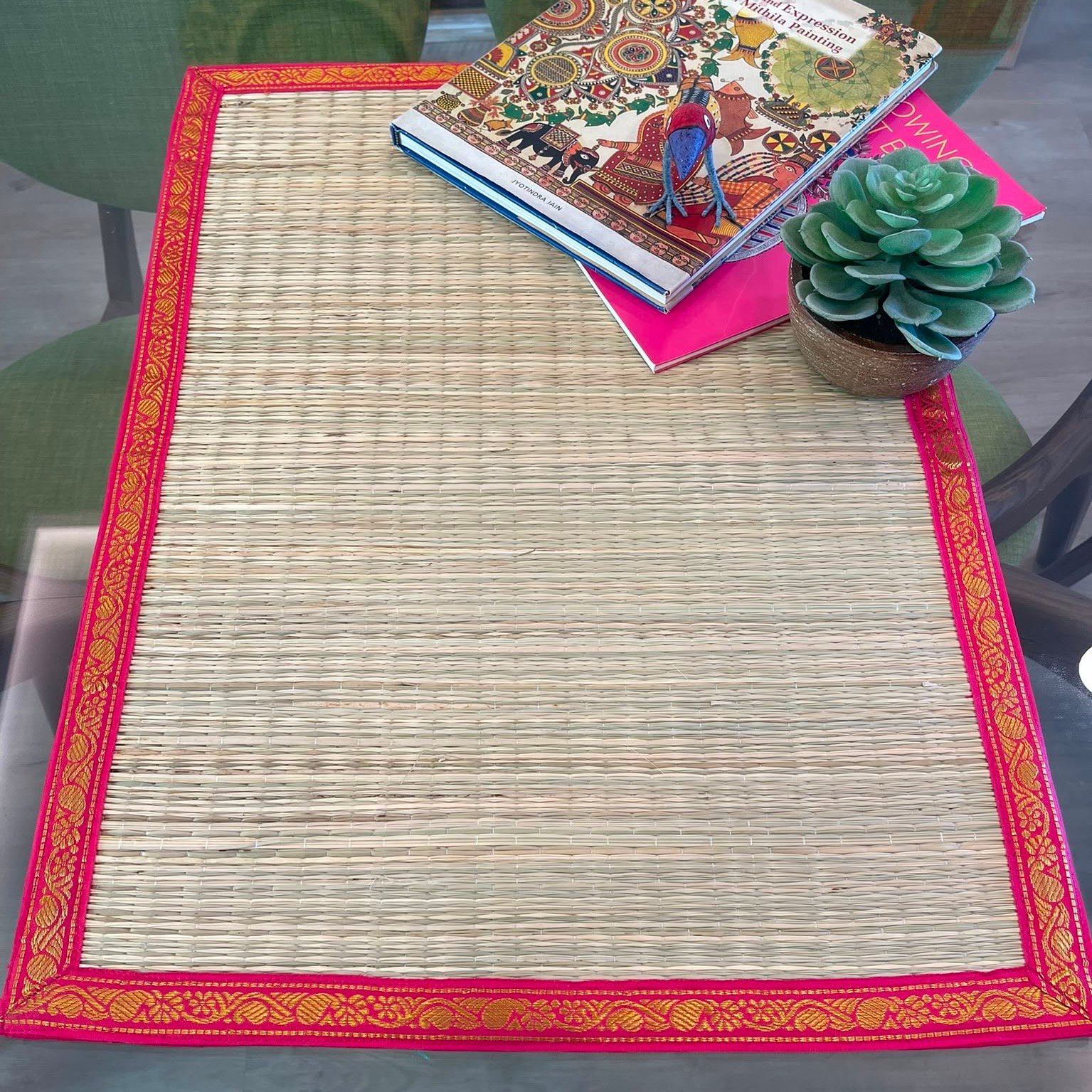 Decorative Korai Grass Mat with Zari Border (Pink) - Image 2