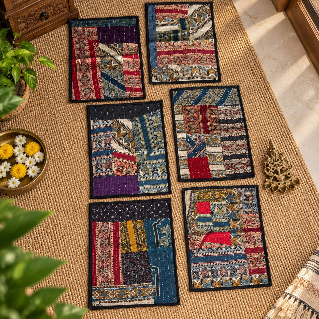 Mashru Silk Placemats (Set of 6, Multi colour & Multi design) - Image 2