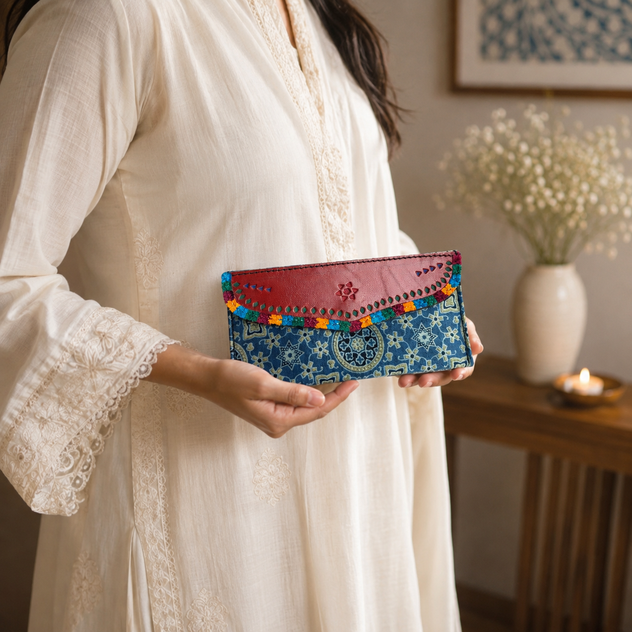 Gaji Silk & Leather Cash Wallet (Blue Circle) - Image 2
