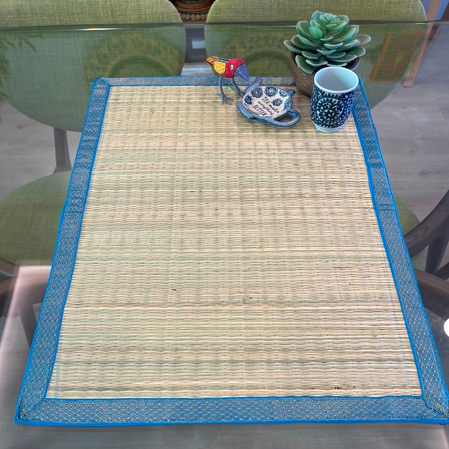 Decorative Korai Grass Mat with Zari Border (Blue) - Image 2