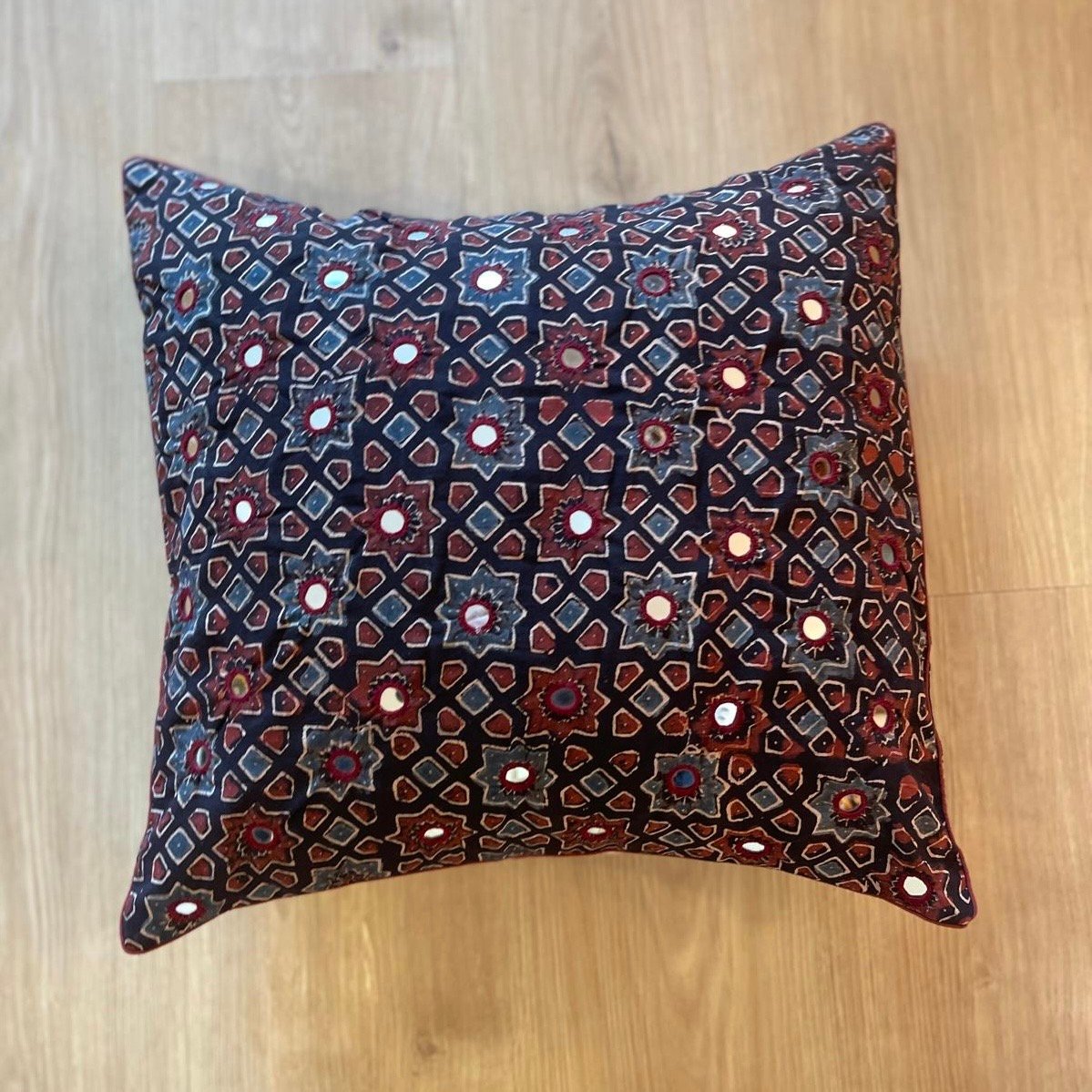 Cotton Ajrakh Mirror Work Cushion Cover (Black) - Image 3