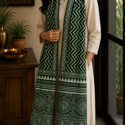 Mashru Silk Stole (Green Zig Zag)
