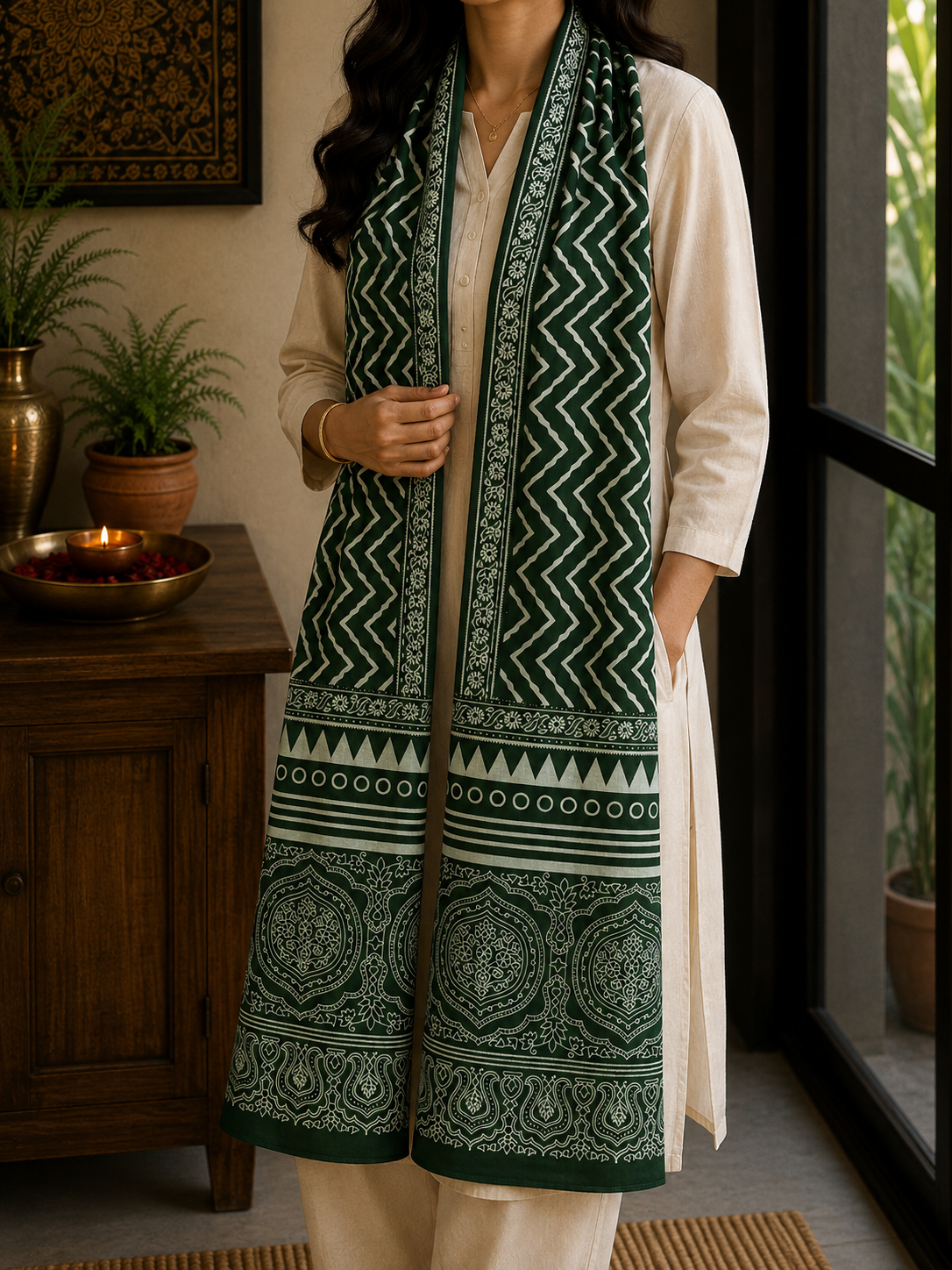 Mashru Silk Stole (Green Zig Zag)