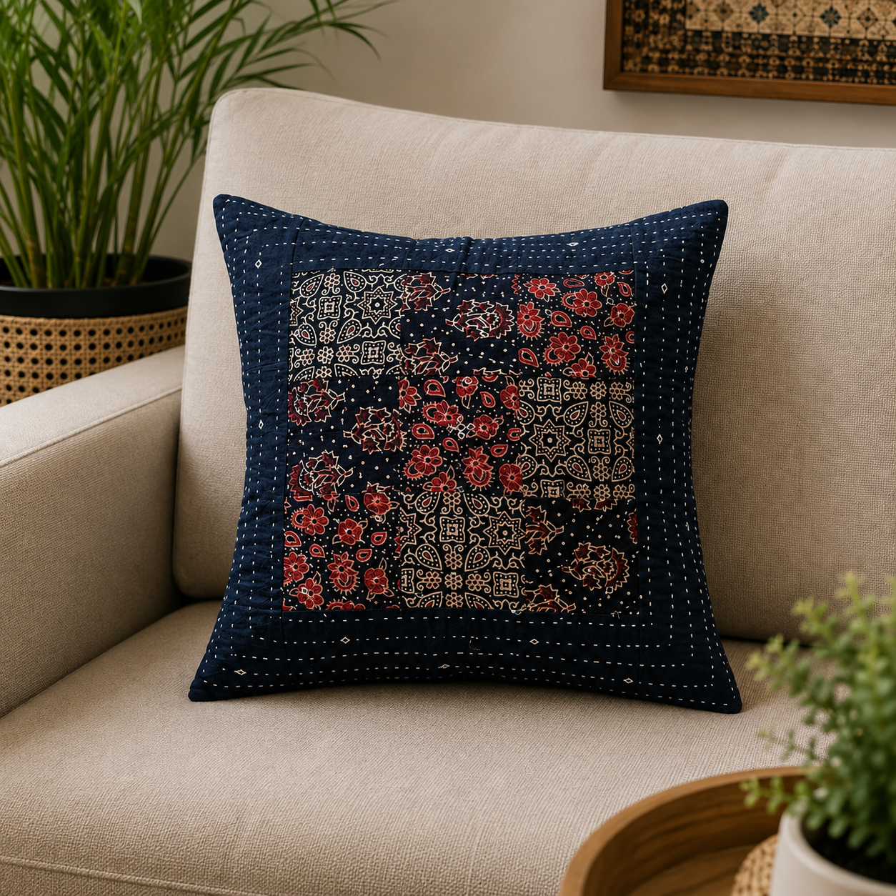 Cotton Ajrakh Cushion Cover (Black) - Image 2