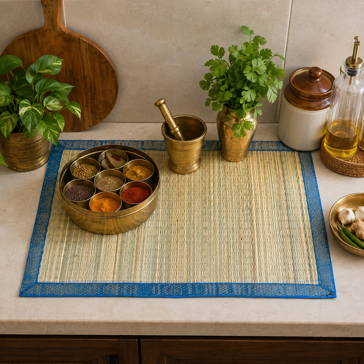 Decorative Korai Grass Mat with Zari Border (Blue) - Image 3