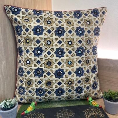 Cotton Ajrakh Mirror Work Cushion Cover (White)