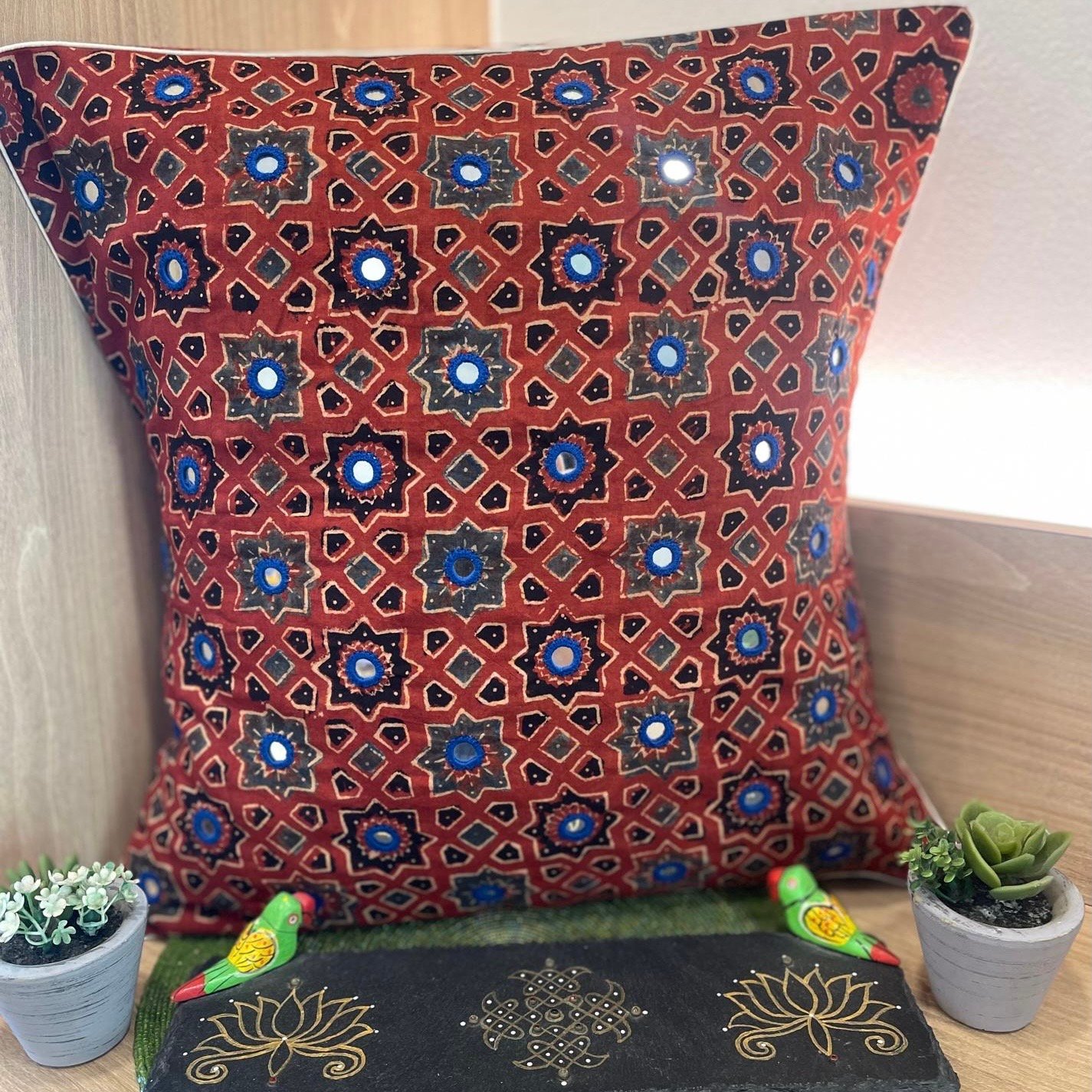 Cotton Ajrakh Mirror Work Cushion Cover (Red)