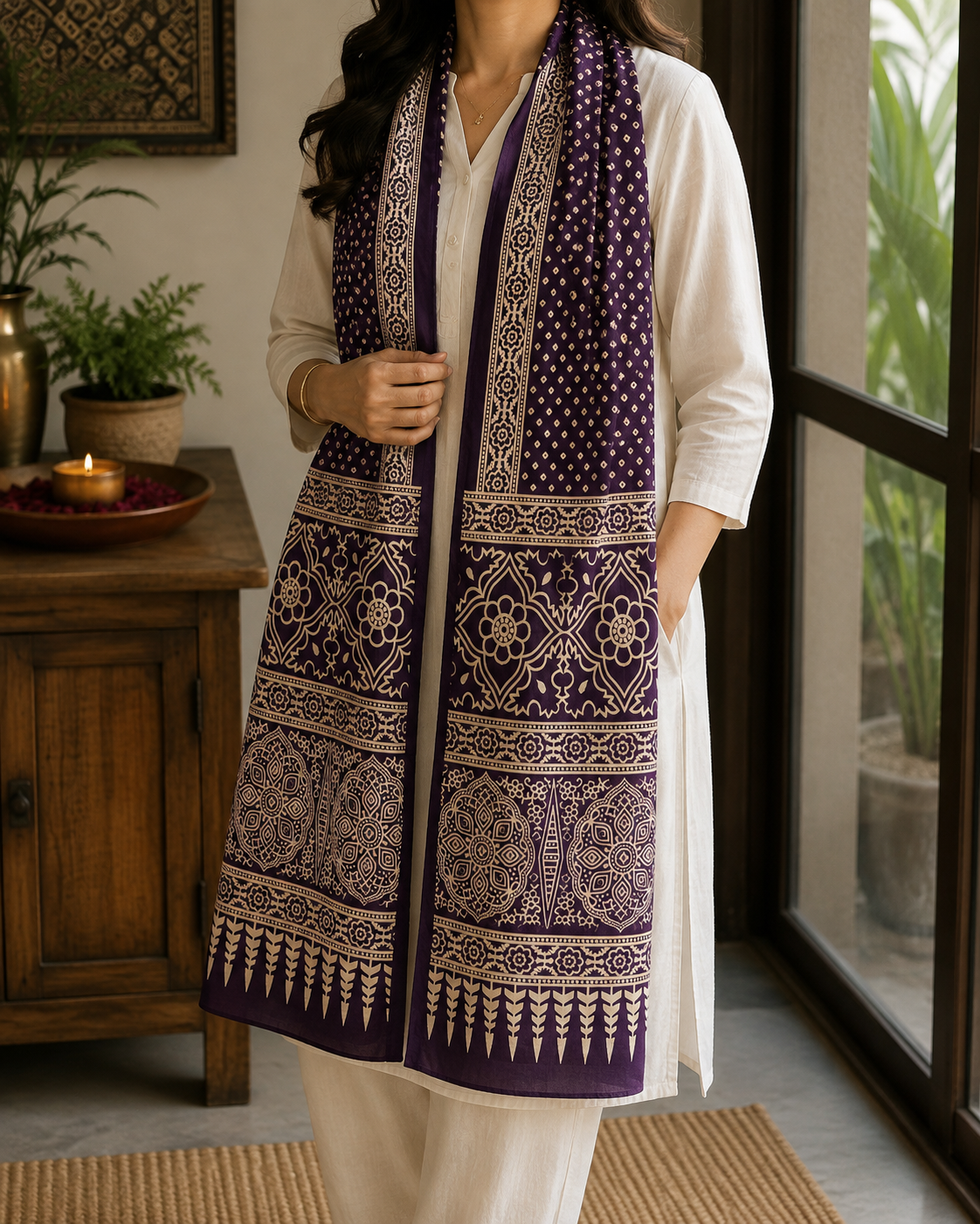 Mashru Silk Stole (Purple Bandhini)
