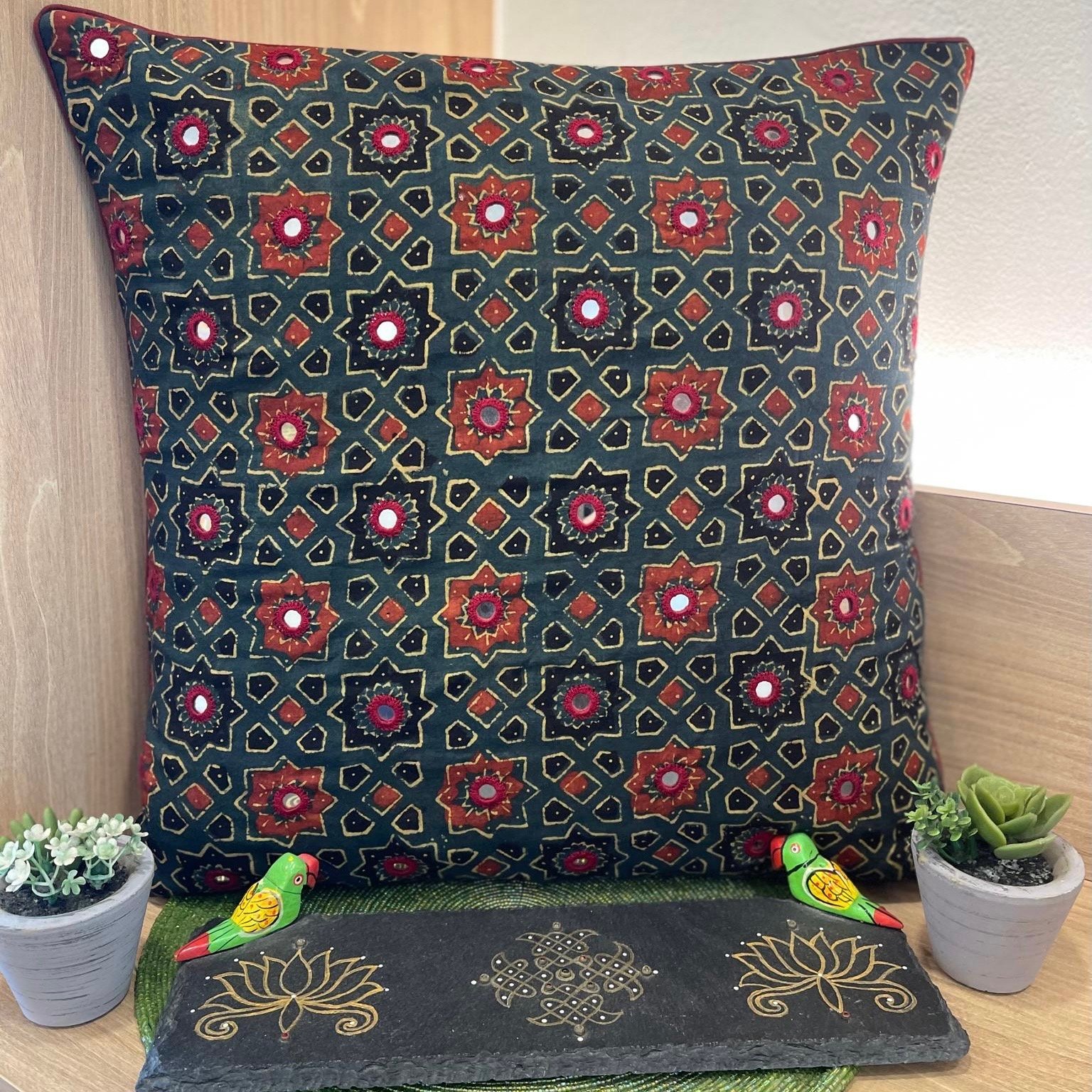 Cotton Ajrakh Mirror Work Cushion Cover (Green Star)