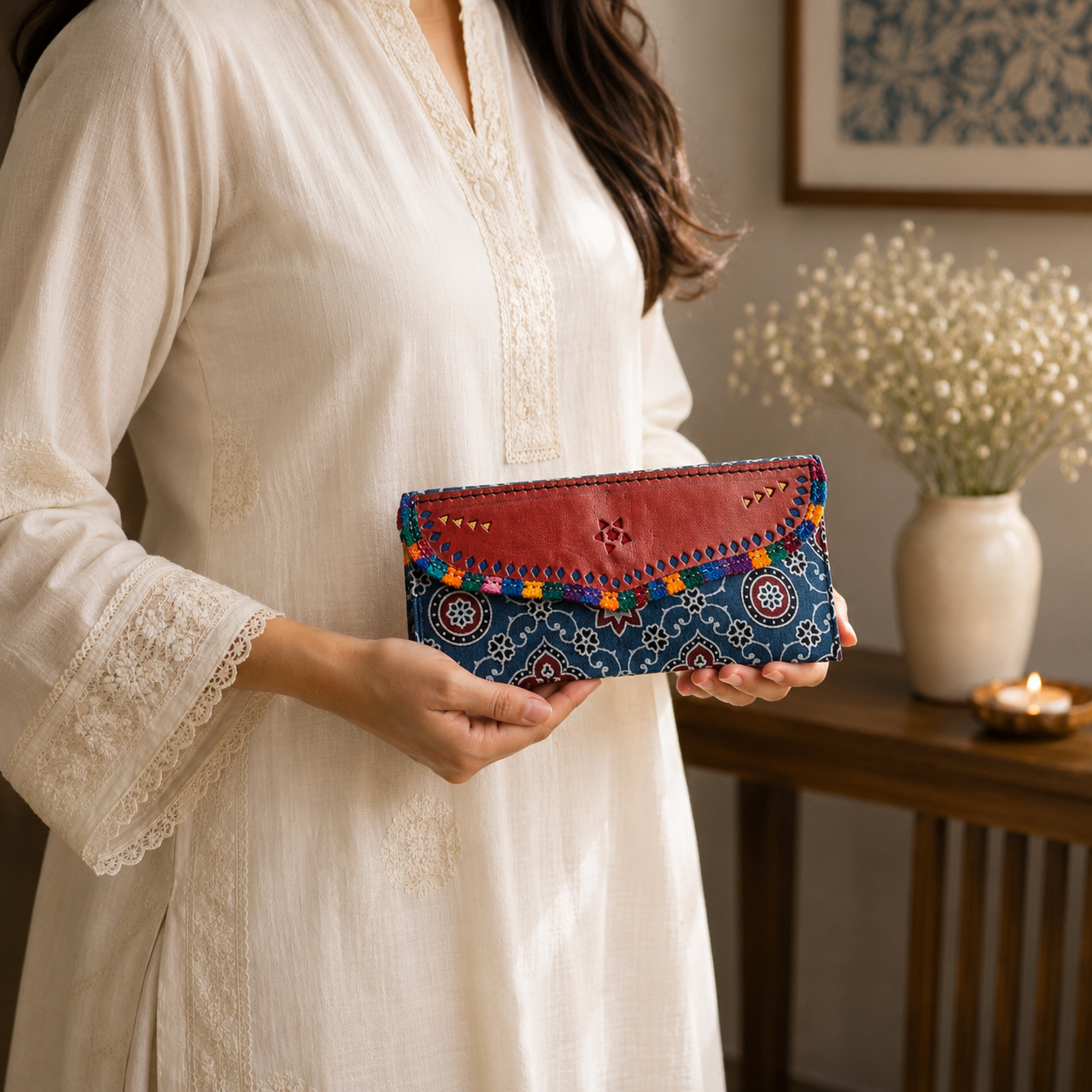 Gaji Silk & Leather Cash Wallet (Blue Trellis) - Image 3