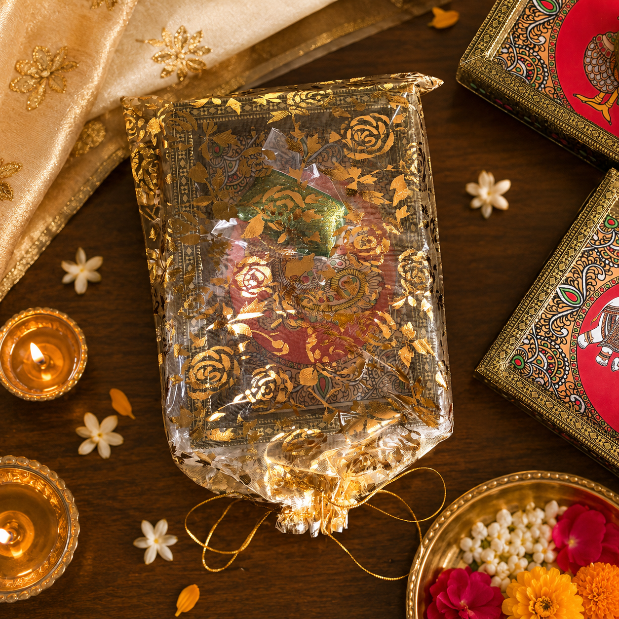 Decorative Tray & Haldi Kumkum Gift Set (Double Peacock) - Image 6