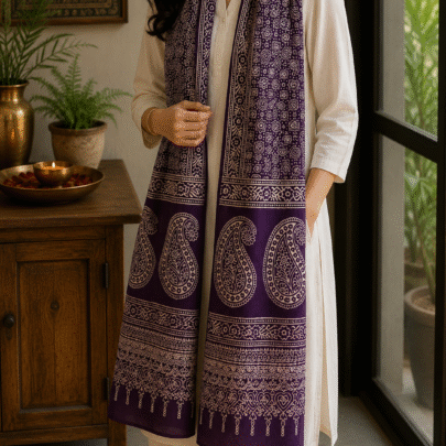 Mashru Silk Stole (Purple Ajrakh w Paisley)