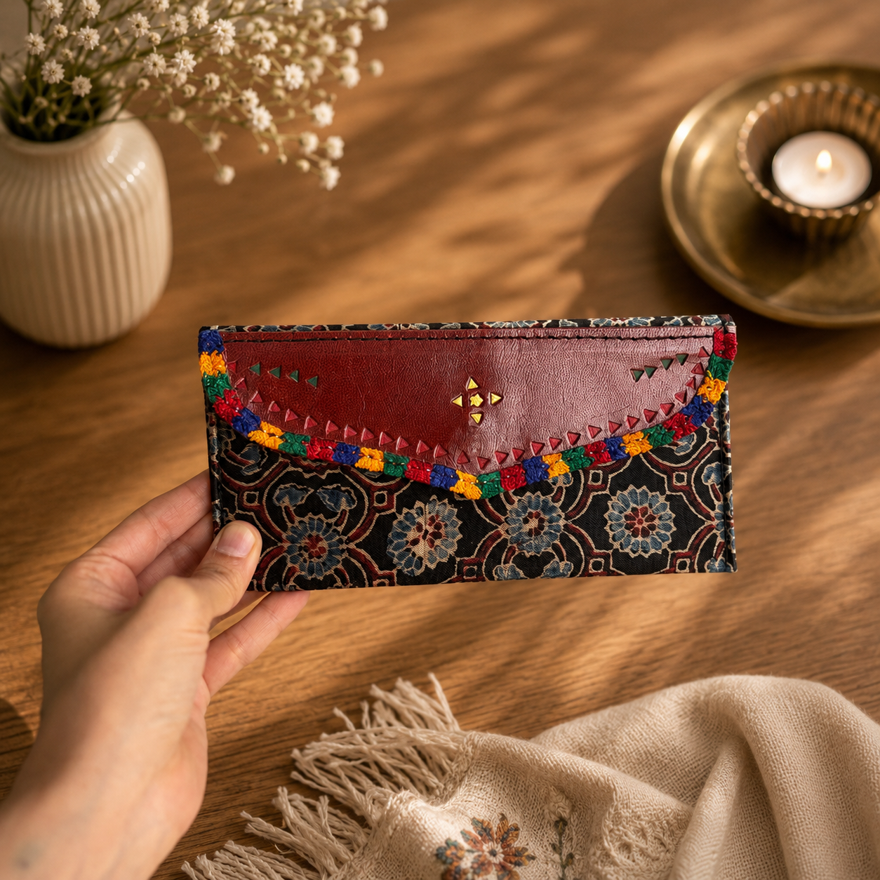 Gaji Silk & Leather Cash Wallet (Black Flower) - Image 3