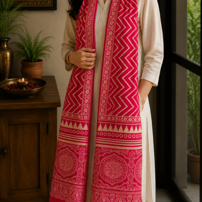 Mashru Silk Stole (Pink Zig Zag)