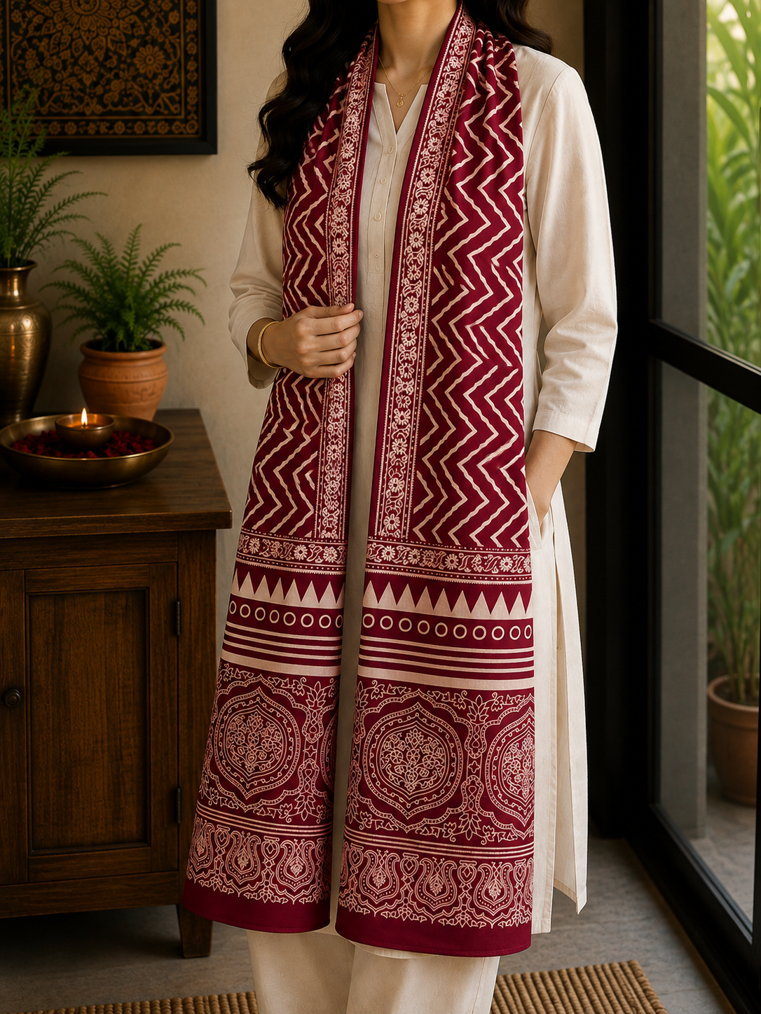 Mashru Silk Stole (Maroon Zig Zag)
