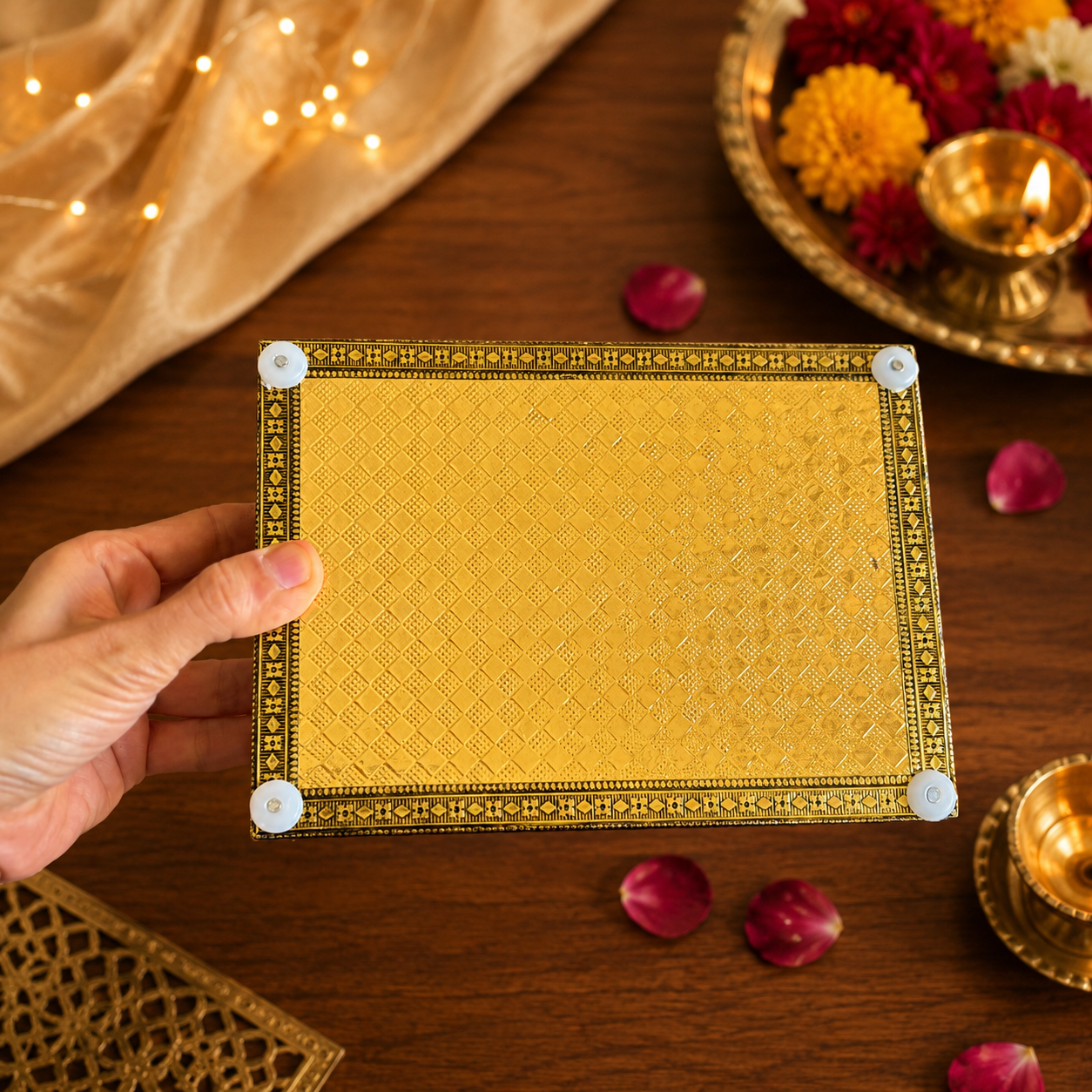 Decorative Tray & Haldi Kumkum Gift Set (Double Peacock) - Image 4
