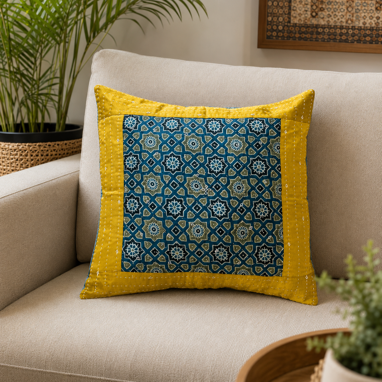 Mashru Silk Cushion Cover (Blue Gold) - Image 2