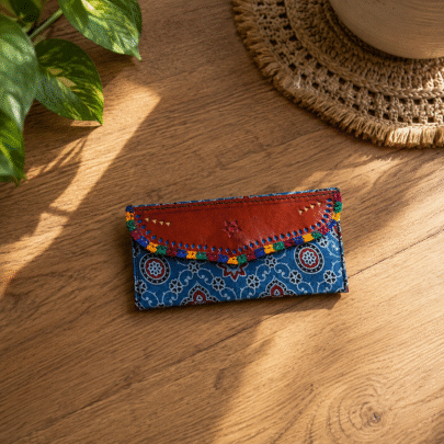 Gaji Silk & Leather Cash Wallet (Blue Trellis)