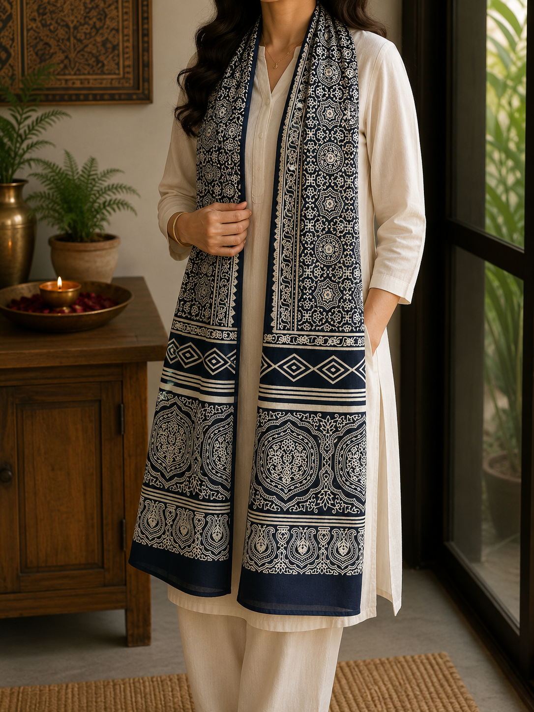 Mashru Silk Stole (Blue Geometric)