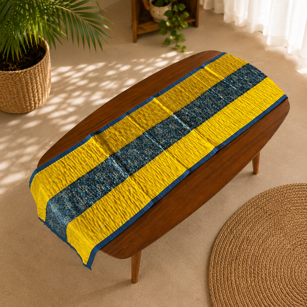 Mashru Silk Coffee Table Runner (Gold Blue)