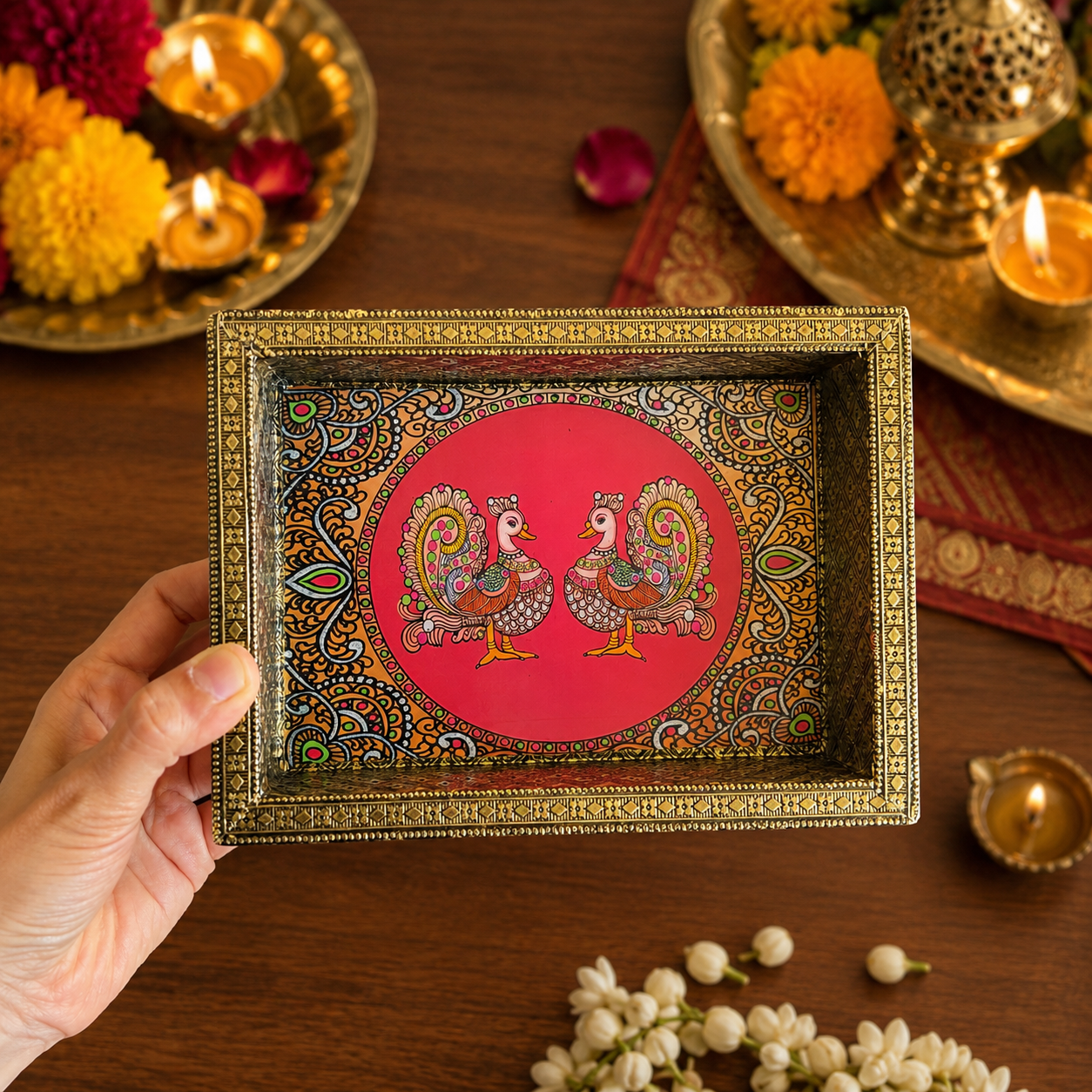 Decorative Tray & Haldi Kumkum Gift Set (Double Peacock) - Image 2