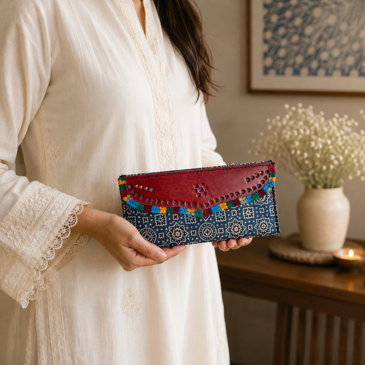Gaji Silk & Leather Cash Wallet (Blue Red Circle Pointed Star) - Image 2