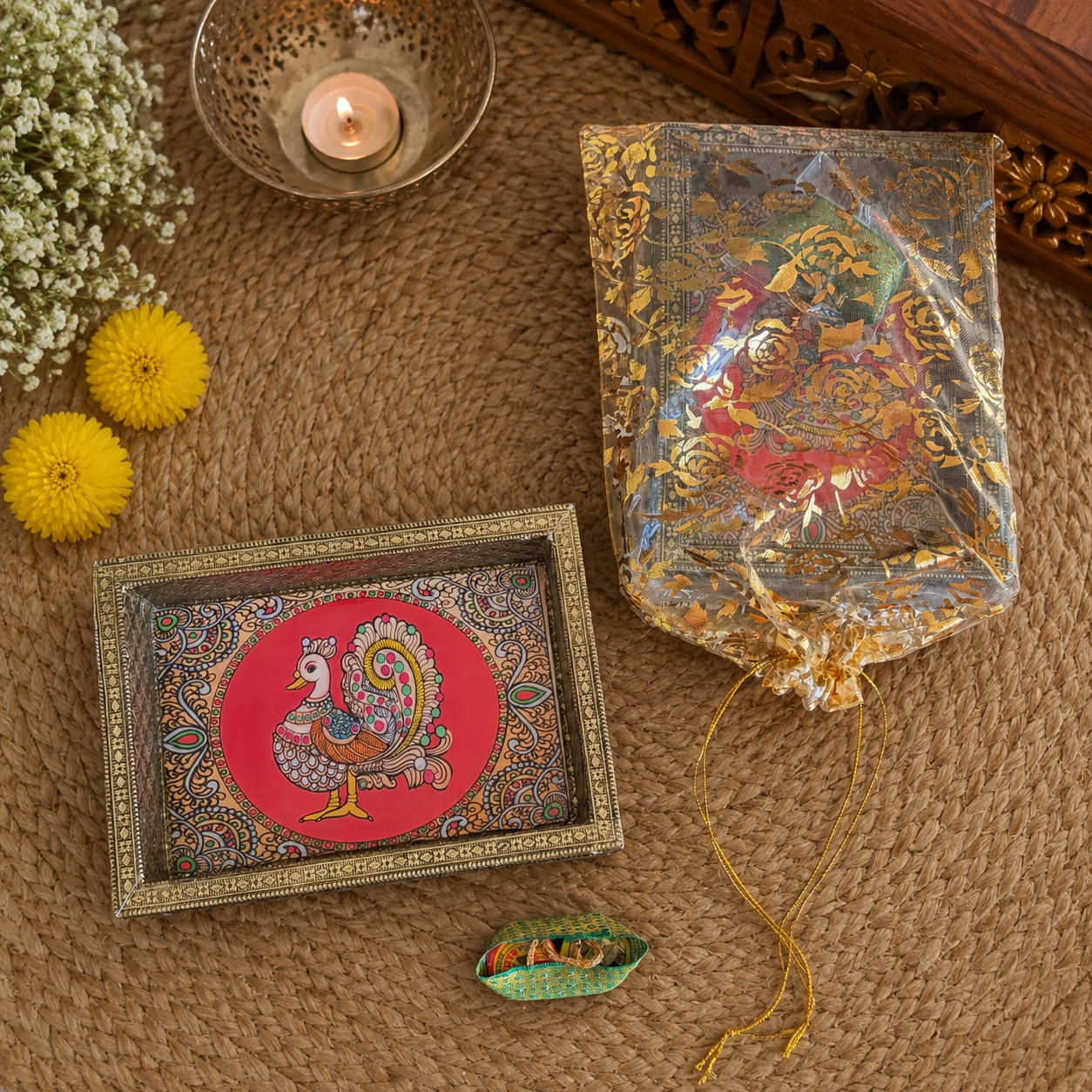 Decorative Tray & Haldi Kumkum Gift Set (Single Peacock)