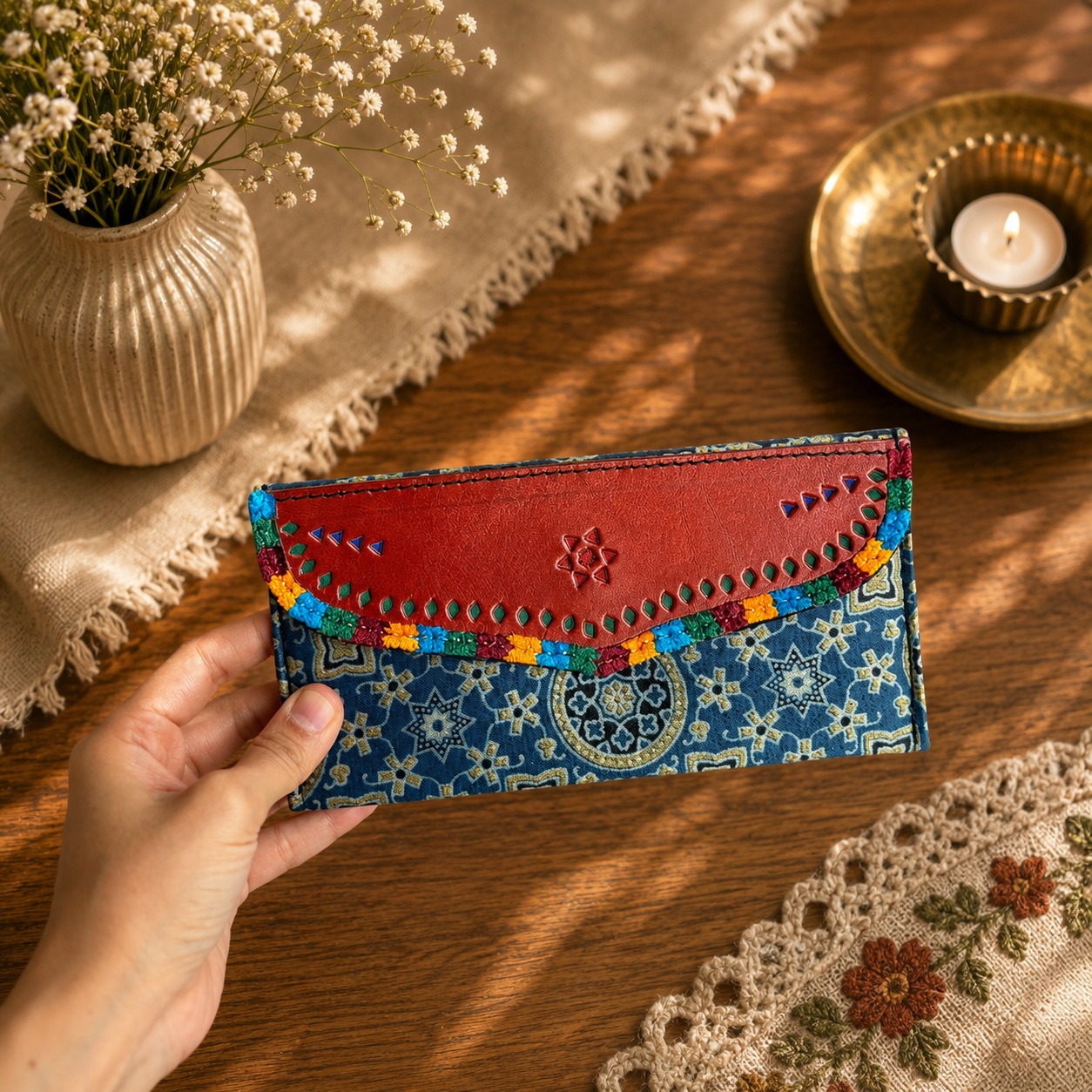Gaji Silk & Leather Cash Wallet (Blue Circle) - Image 3