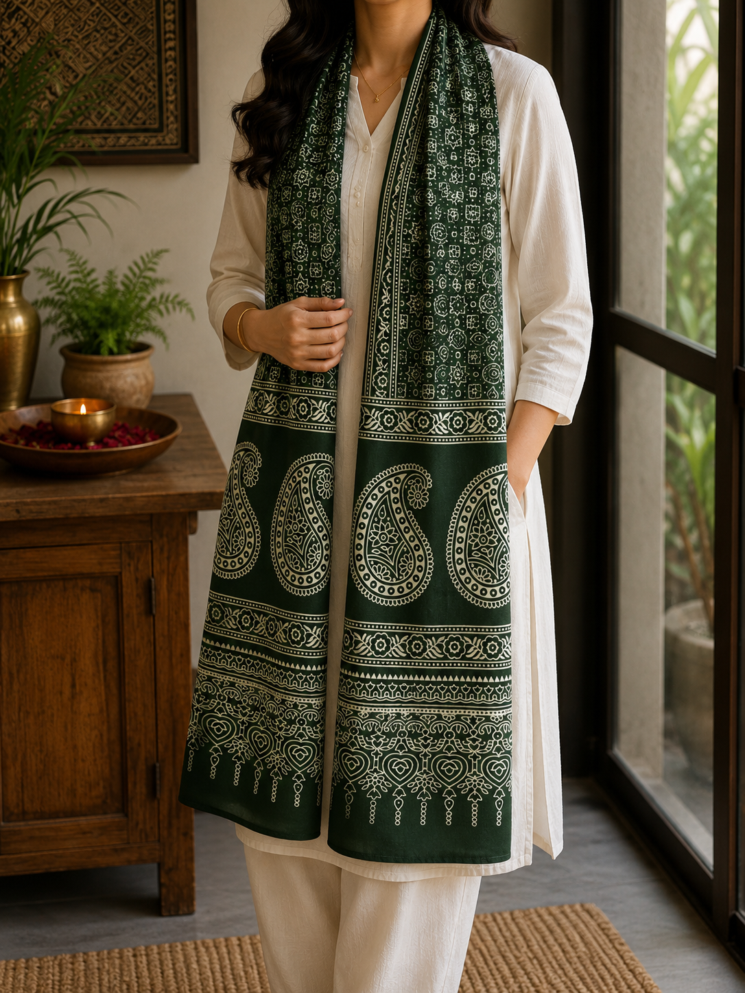 Mashru Silk Stole (Green Ajrakh w Paisley)