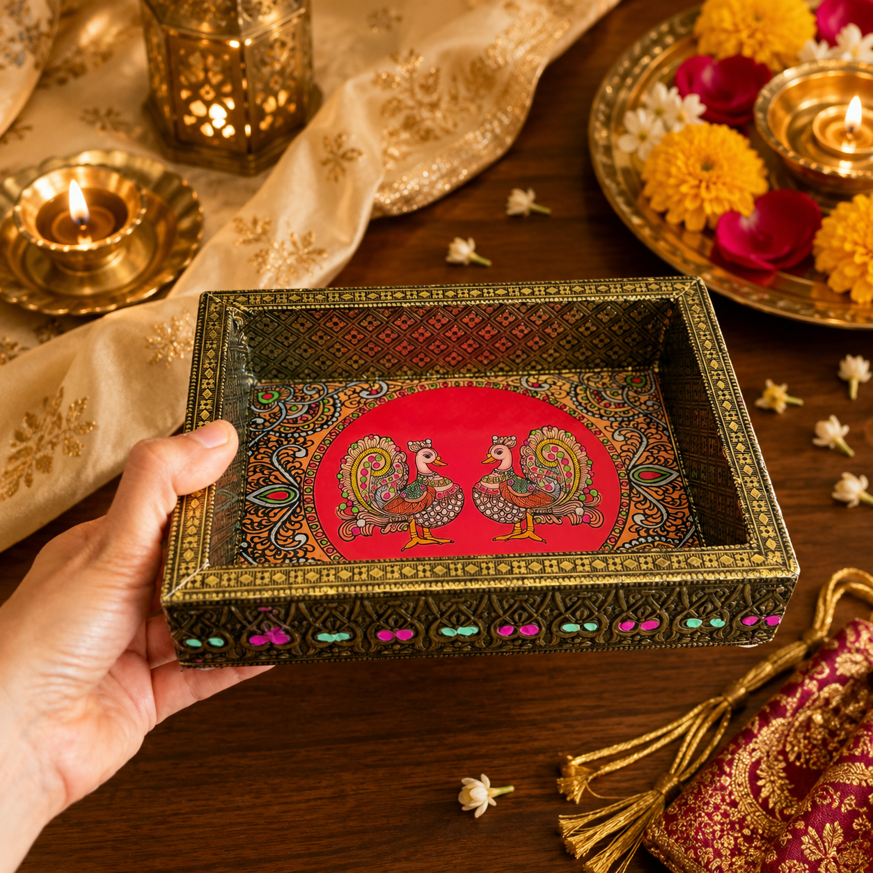 Decorative Tray & Haldi Kumkum Gift Set (Double Peacock) - Image 3