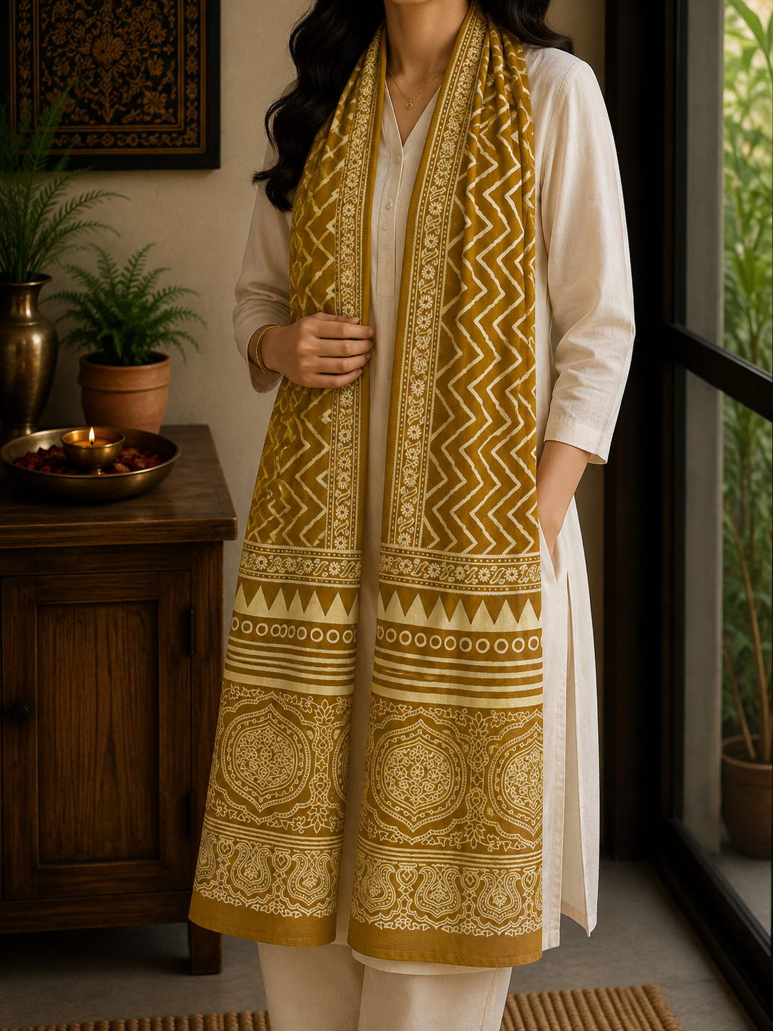 Mashru Silk Stole (Gold Zig Zag)