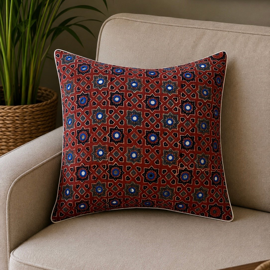 Cotton Ajrakh Mirror Work Cushion Cover (Red) - Image 2