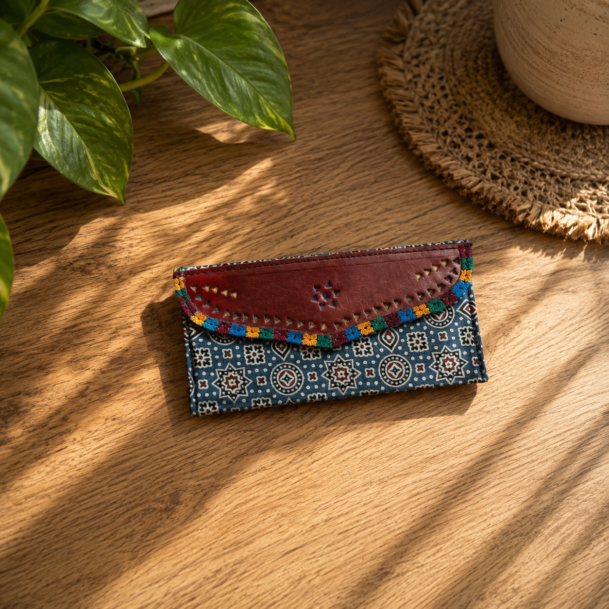 Gaji Silk & Leather Cash Wallet (Blue Red Circle Pointed Star)