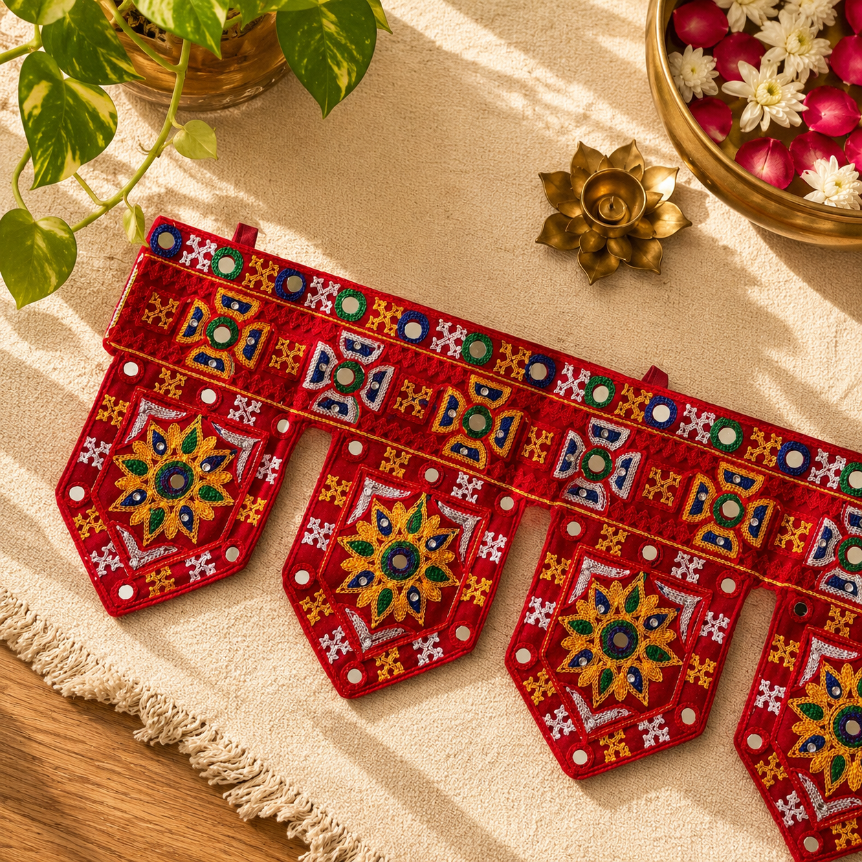 Embroidered Mirrorwork Toran (Banner Red Star) - Image 2