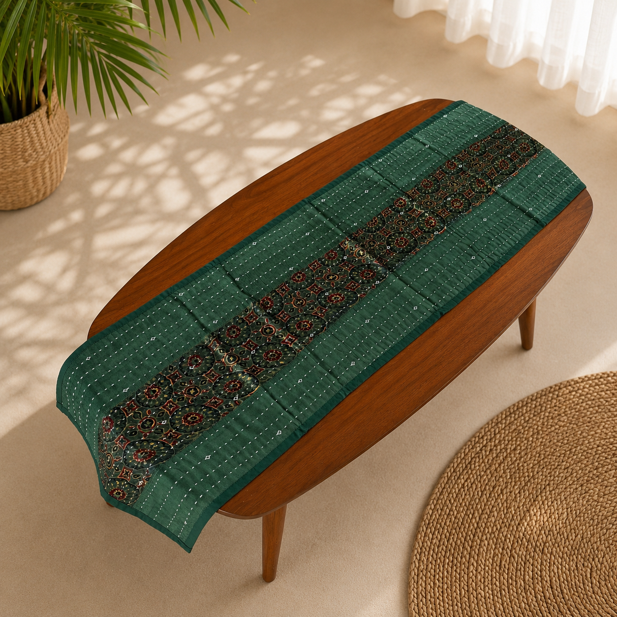 Mashru Silk Coffee Table Runner (Green Circles)