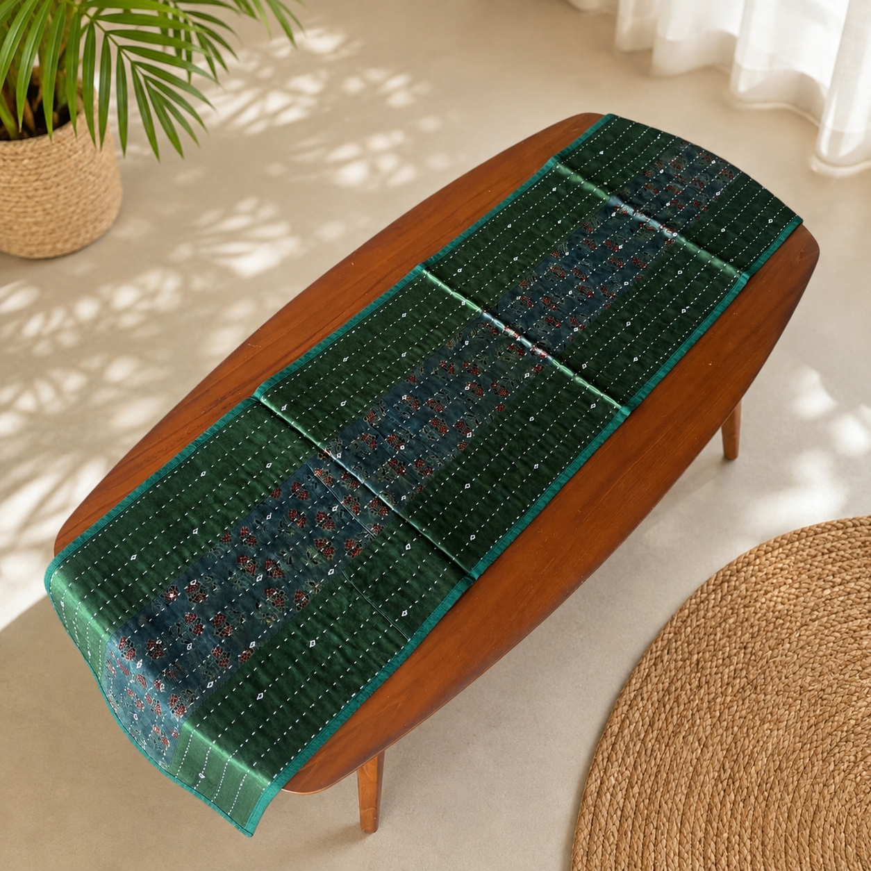 Mashru Silk Coffee Table Runner (Green Flower)