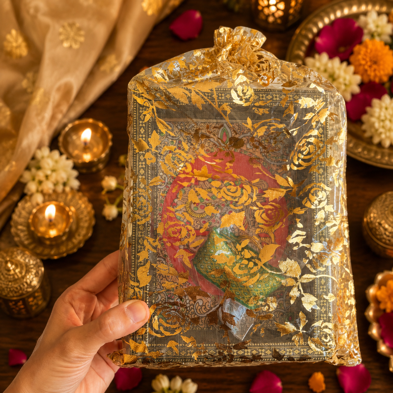 Decorative Tray & Haldi Kumkum Gift Set (Double Peacock) - Image 7