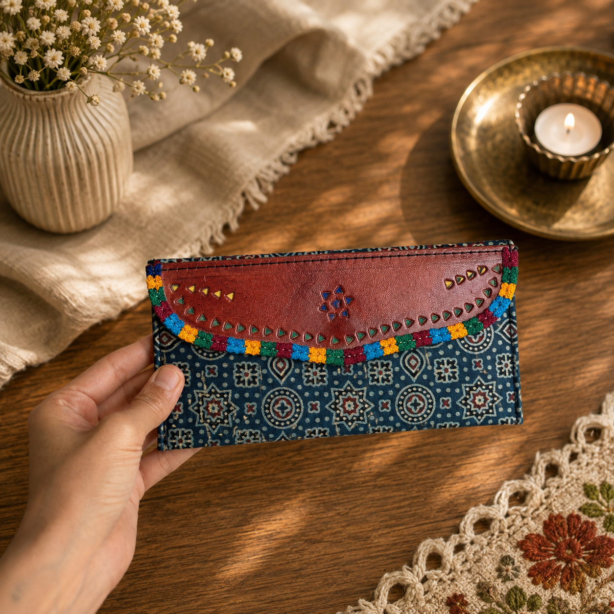 Gaji Silk & Leather Cash Wallet (Blue Red Circle Pointed Star) - Image 3