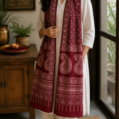 Mashru Silk Stole (Maroon Ajrakh w Paisley)