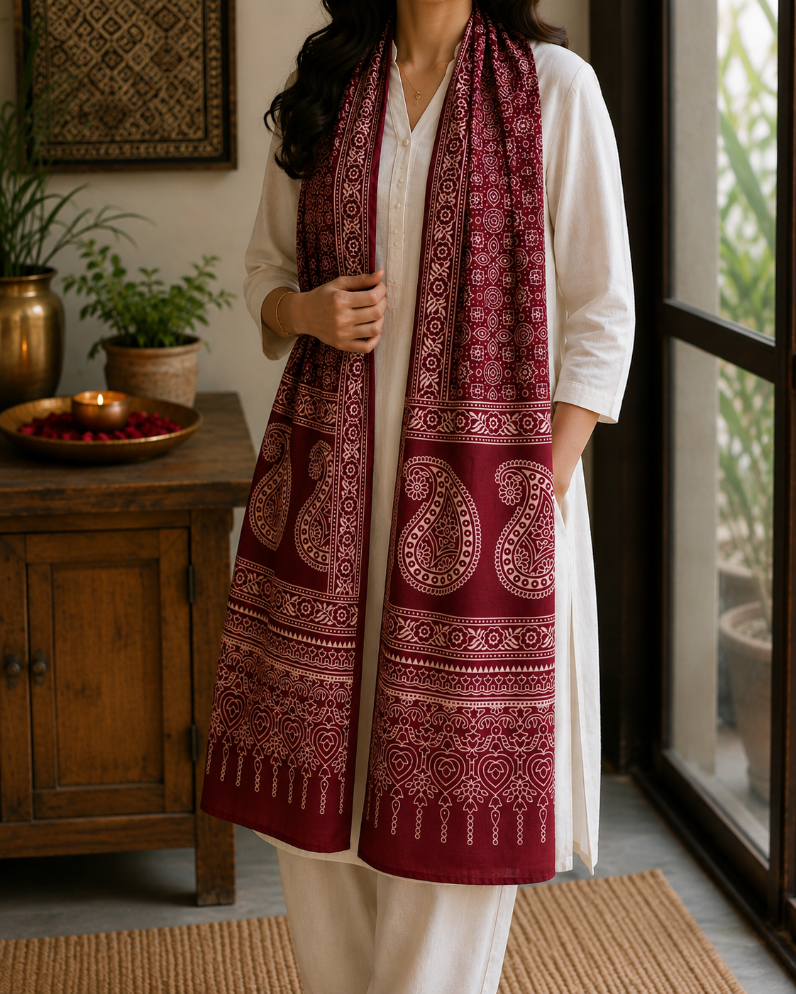 Mashru Silk Stole (Maroon Ajrakh w Paisley)