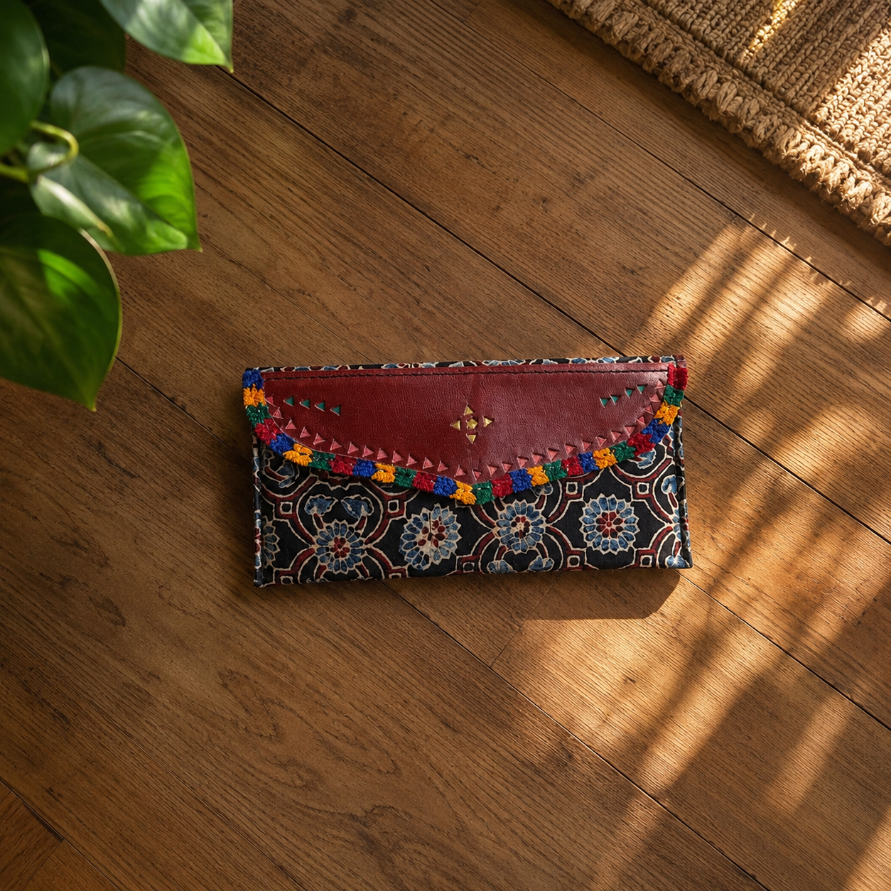 Gaji Silk & Leather Cash Wallet (Black Flower)