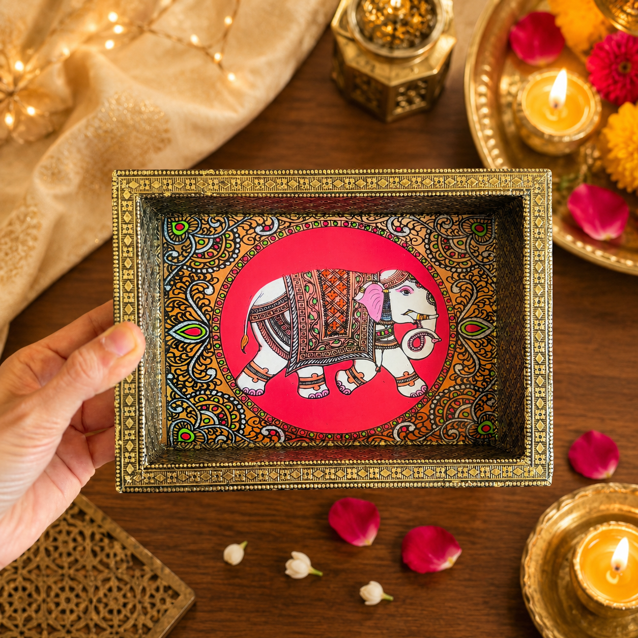 Decorative Tray & Haldi Kumkum Gift Set (Single Elephant) - Image 4