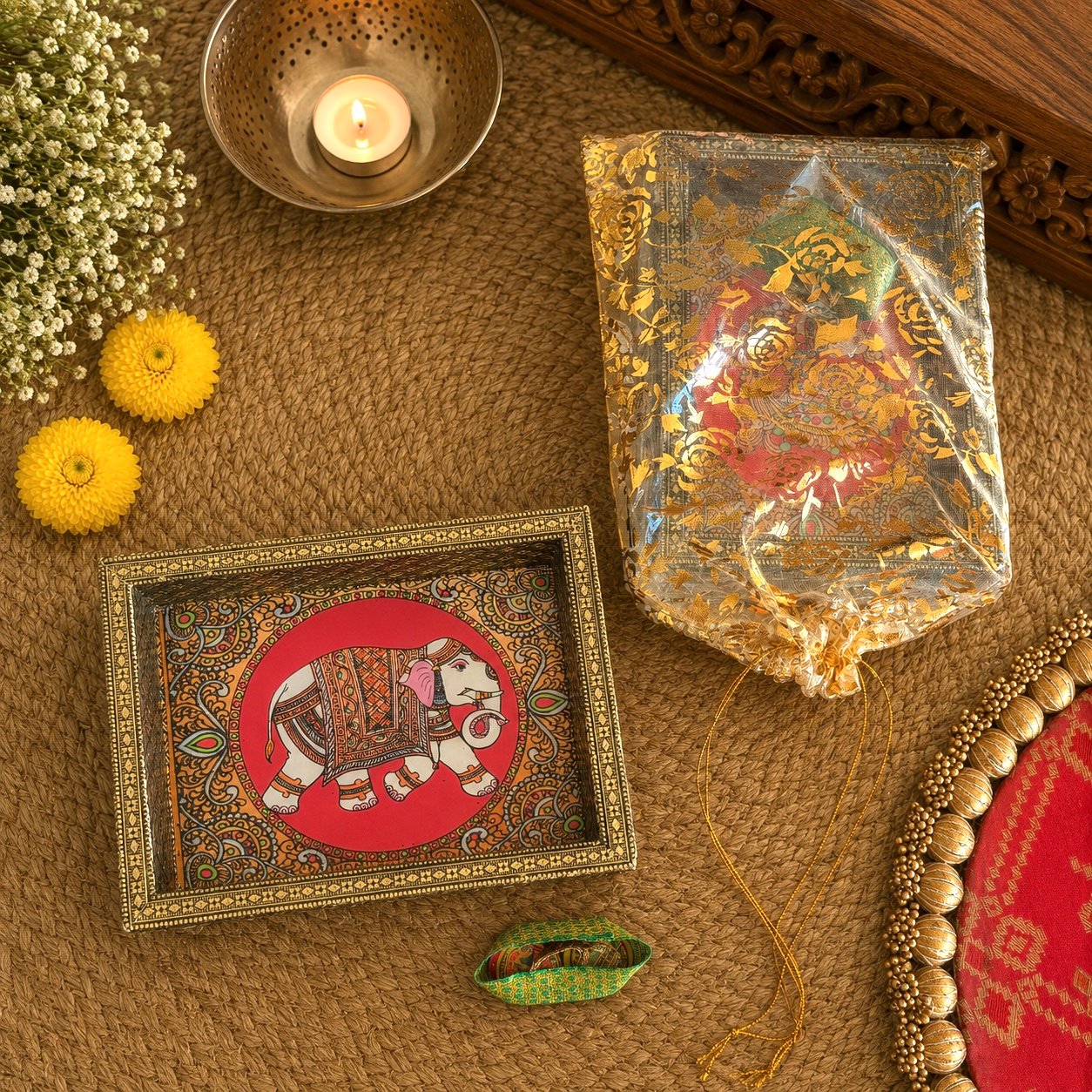 Decorative Tray & Haldi Kumkum Gift Set (Single Elephant)