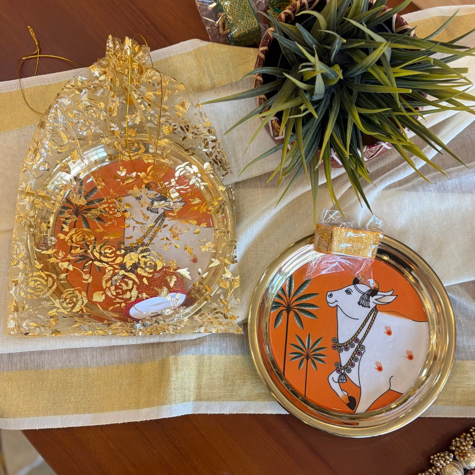 Pichwai Brass Plate & Haldi Kumkum Gift Set (Single Cow Orange)
