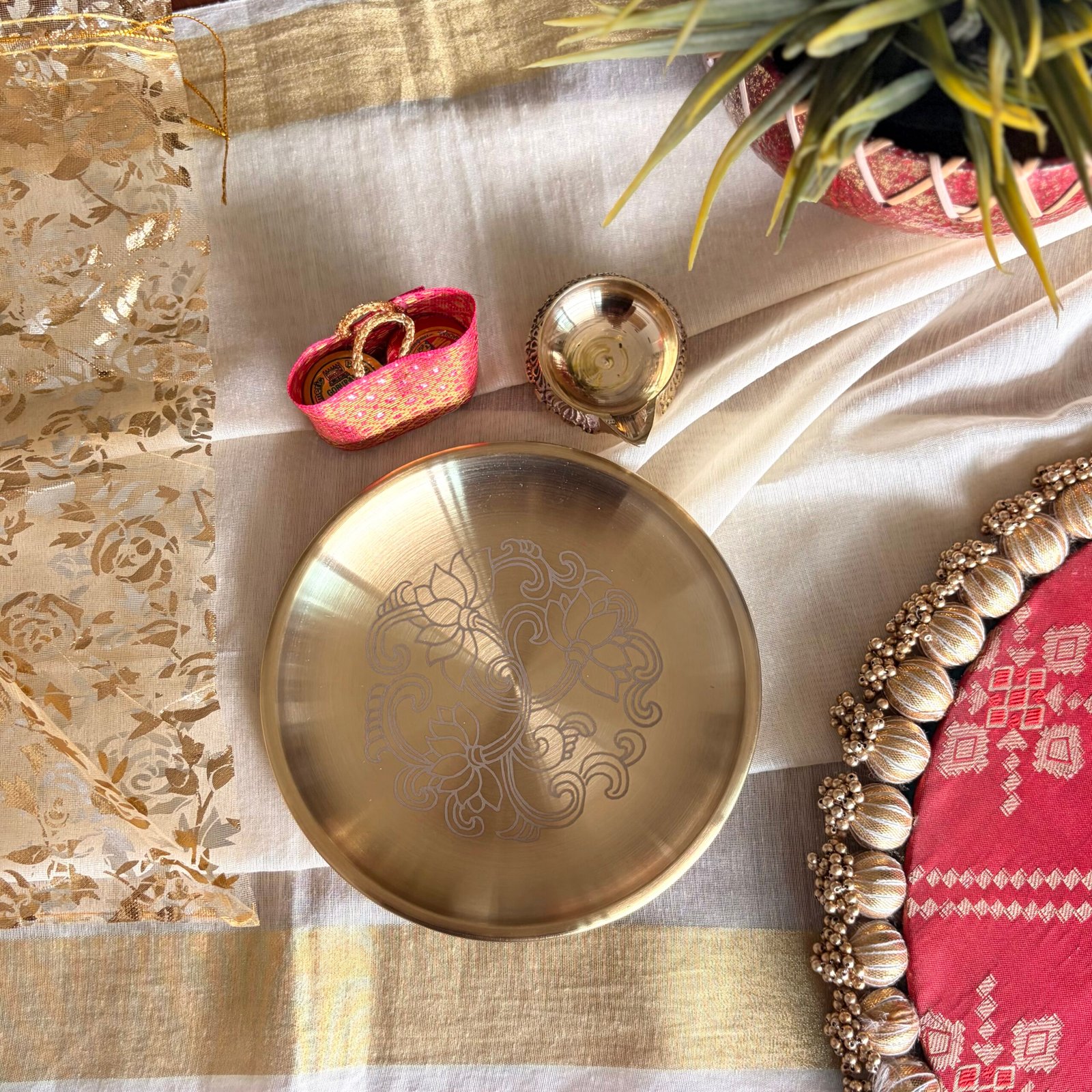 Multipurpose Pooja Plate, Brass Diya & Haldi Kumkum Gift Set
