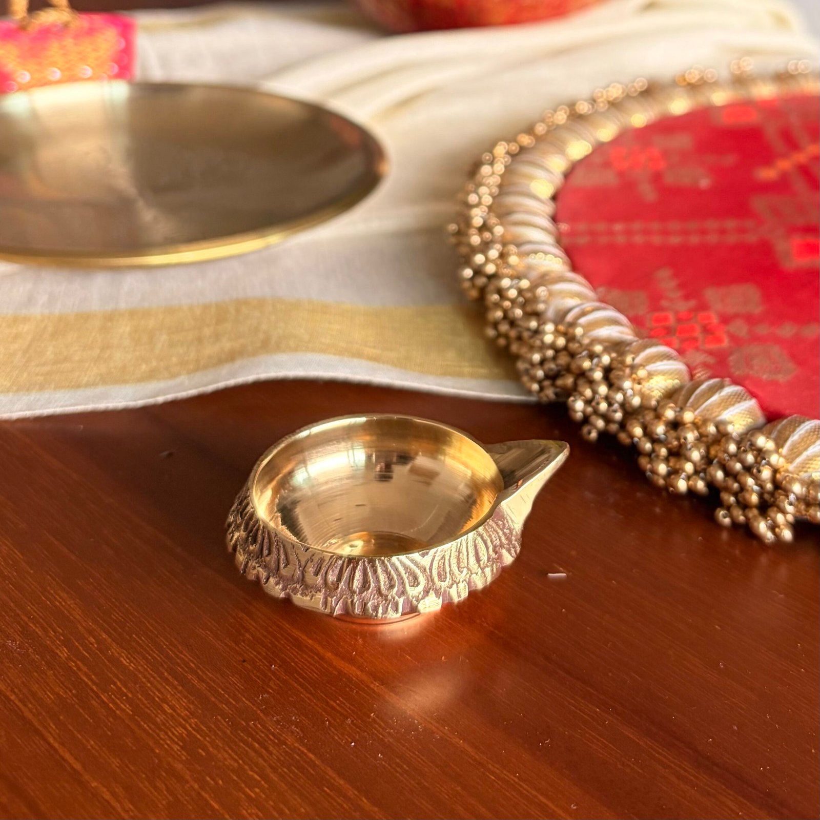 Multipurpose Pooja Plate, Brass Diya & Haldi Kumkum Gift Set - Image 3