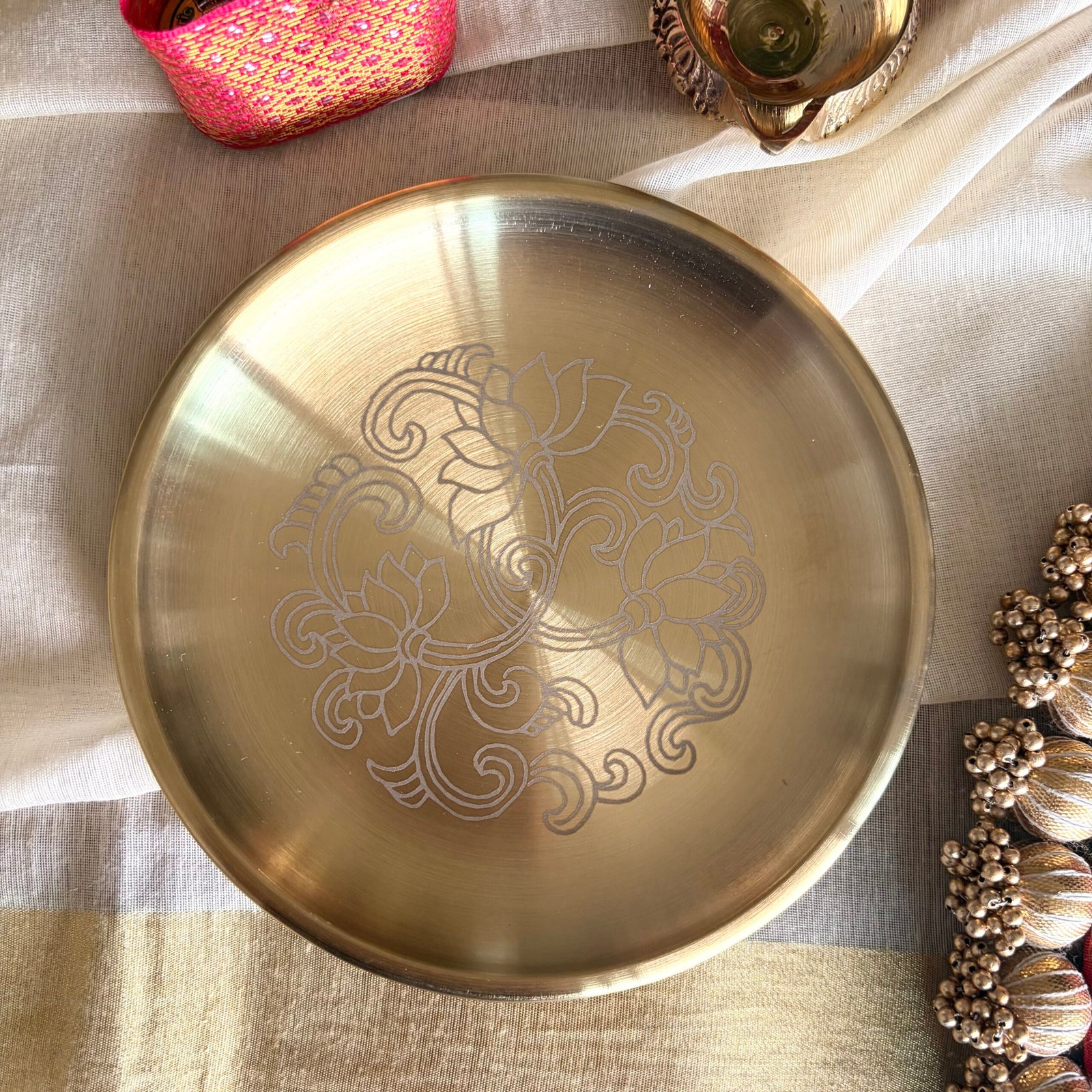 Multipurpose Pooja Plate, Brass Diya & Haldi Kumkum Gift Set - Image 2