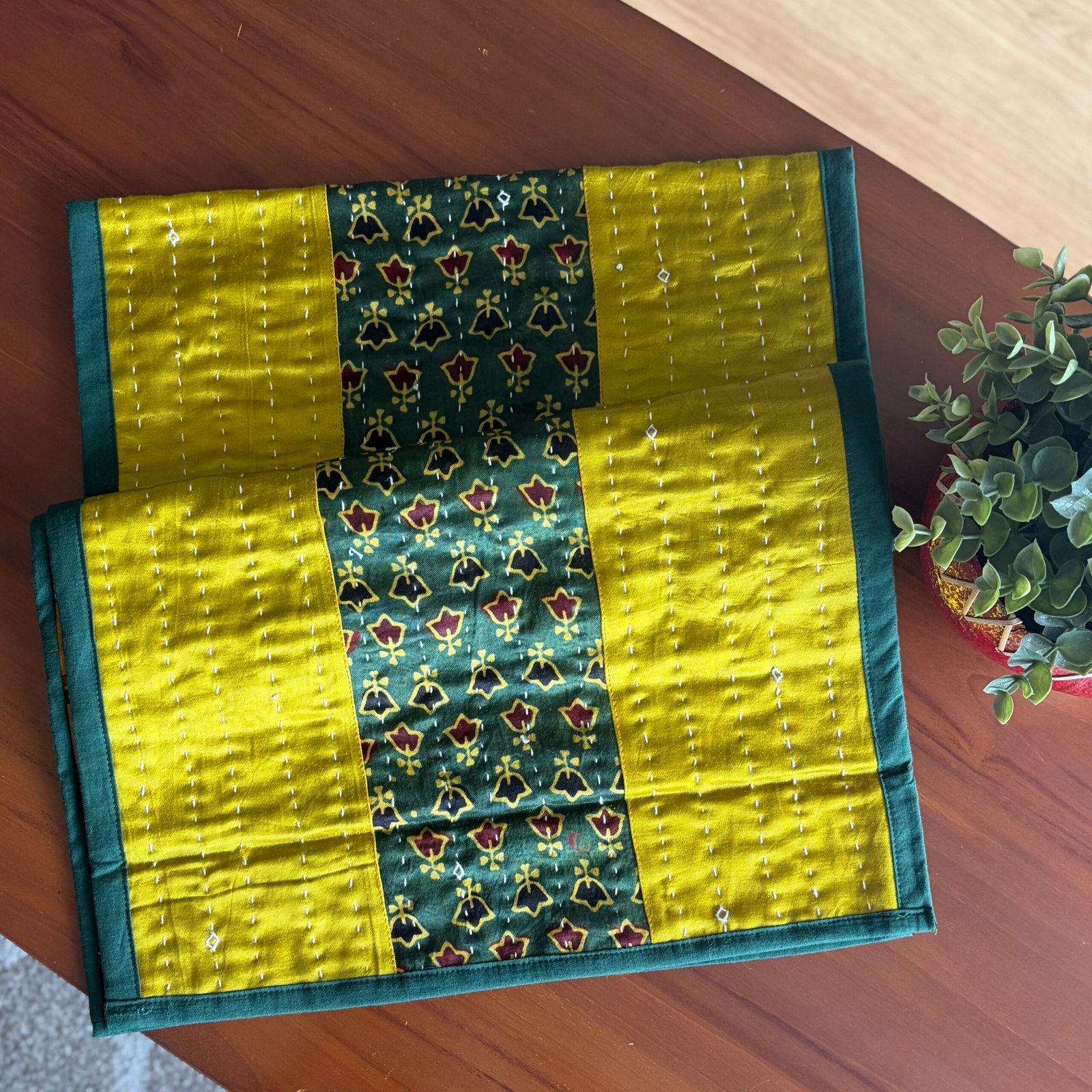 Mashru Silk Coffee Table Runner (Gold Green) - Image 2