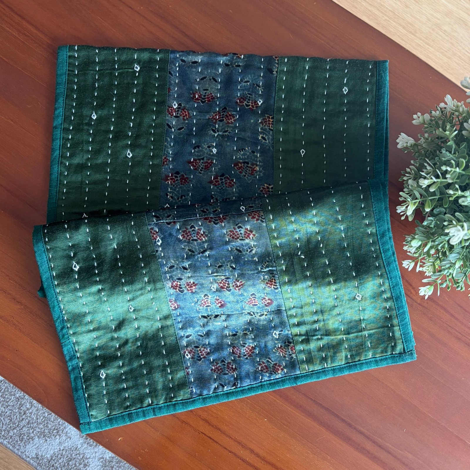 Mashru Silk Coffee Table Runner (Green Flower) - Image 2